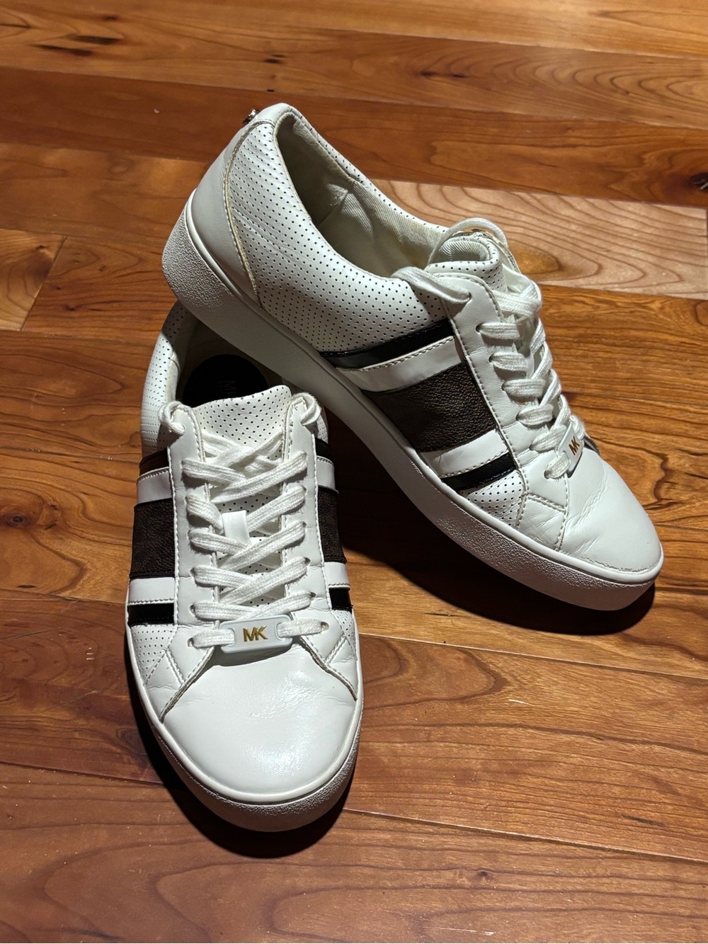 Michael Kors Leather White Sneakers with Black and Brown Stripes